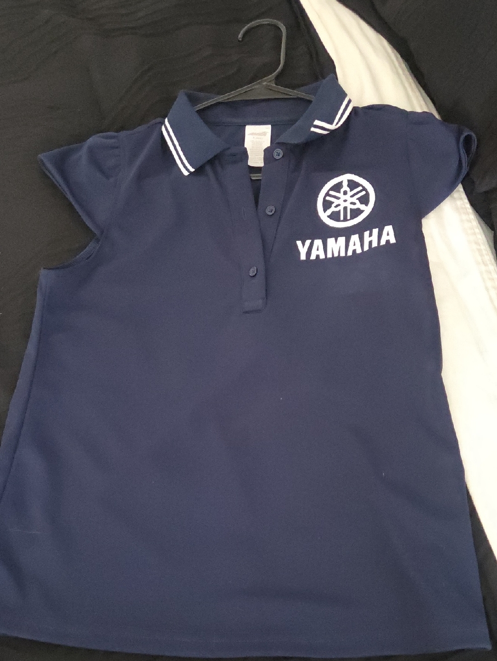 Yamaha Navy Polo Top with White Logo and Collar Stripes Womens